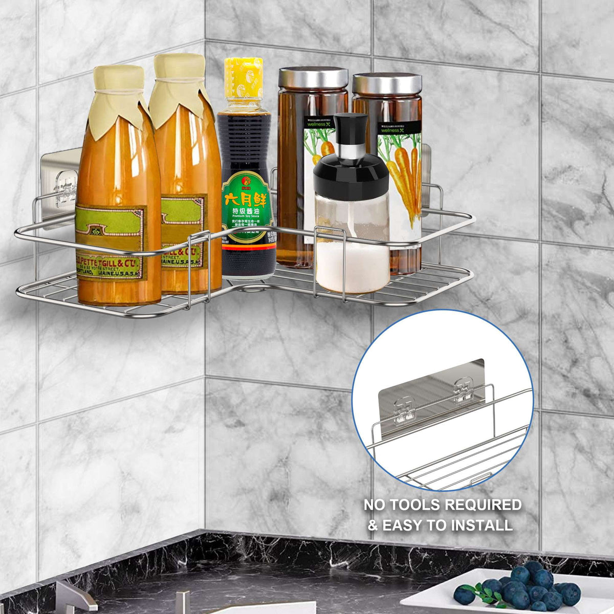 Adhesive Corner Shower Caddy, Stainless Steel Basket Shelf with Hooks, No Drilling - Image 6