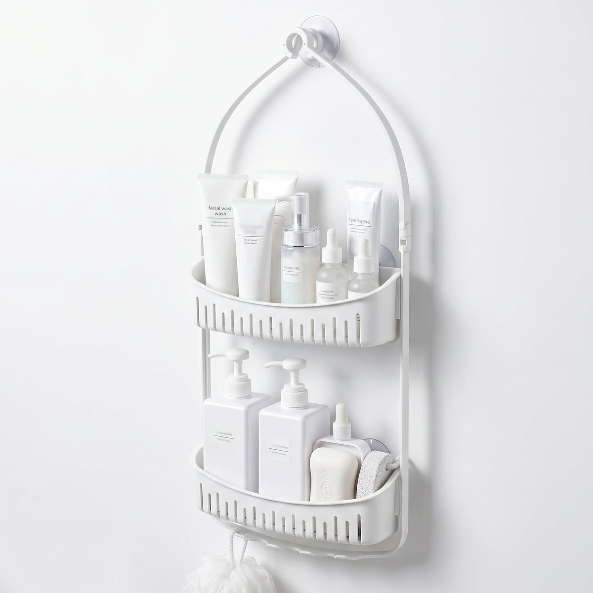 Two-Tier Hanging Shower Caddy with Deep Basket, Razor Holder and Hooks - Image 2