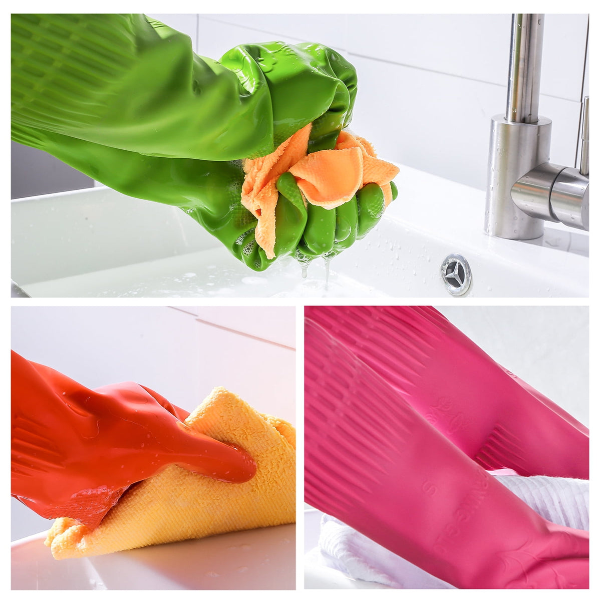 Reusable Rubber Dishwashing Gloves, 3 Pairs, Waterproof with Textured Grip, Medium - Image 5
