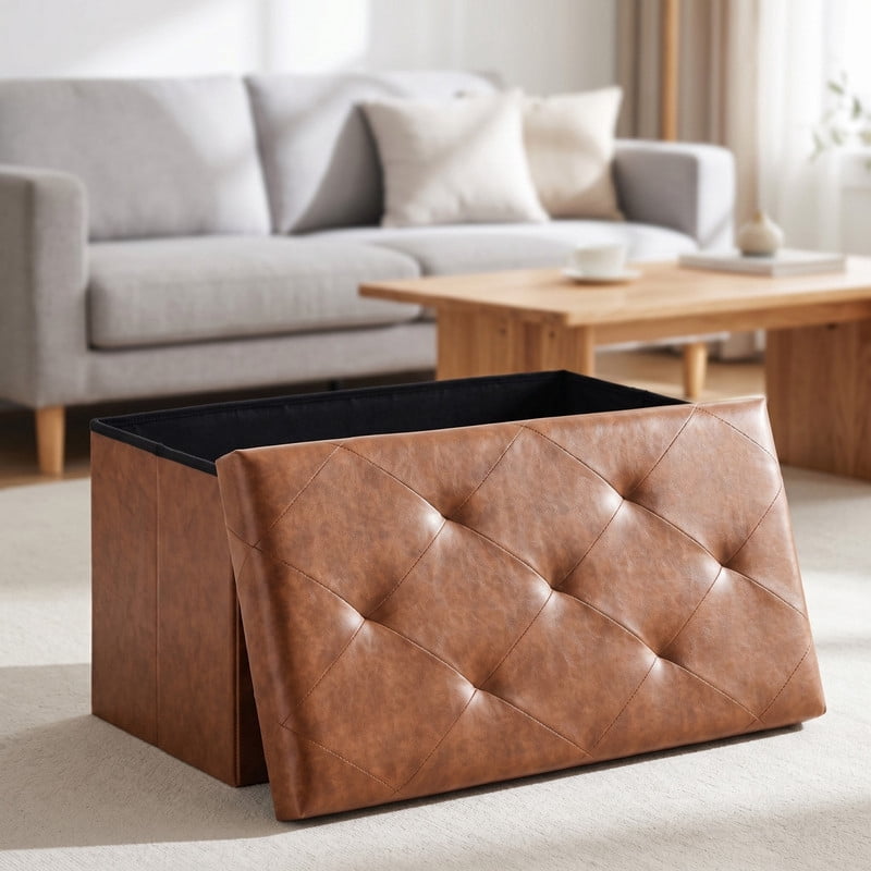 Foldable Storage Ottoman Bench, 30 Inch, Faux Leather with Padded Seat, Brown - Image 2