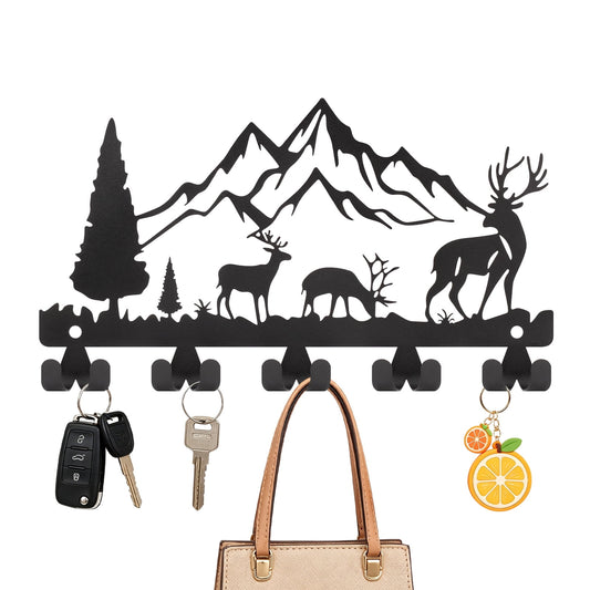 Wall-Mounted Metal Key Holder with 10 Hooks, Deer and Forest Design, Black