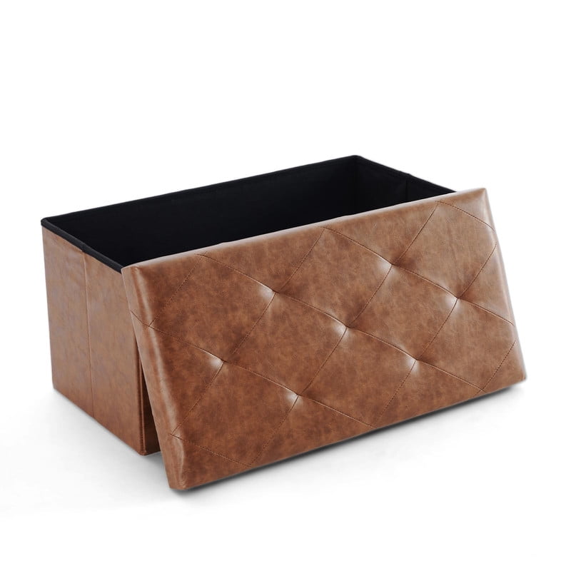 Foldable Storage Ottoman Bench, 30 Inch, Faux Leather with Padded Seat, Brown