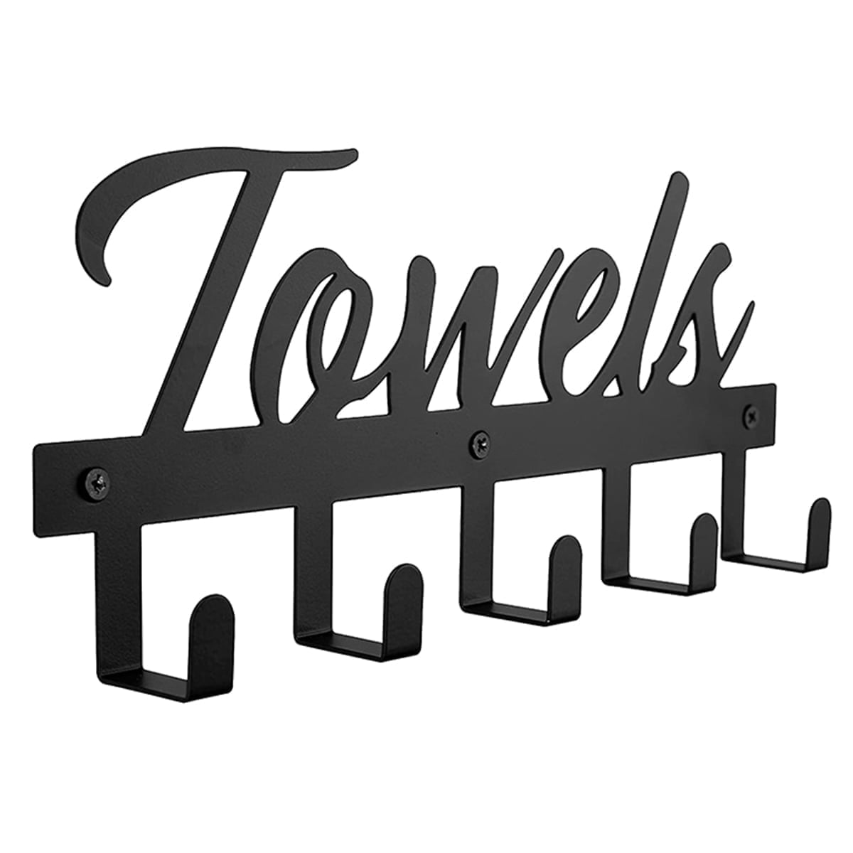 Wall-Mounted Towel Rack with 5 Hooks, Black Metal, Farmhouse Lettering