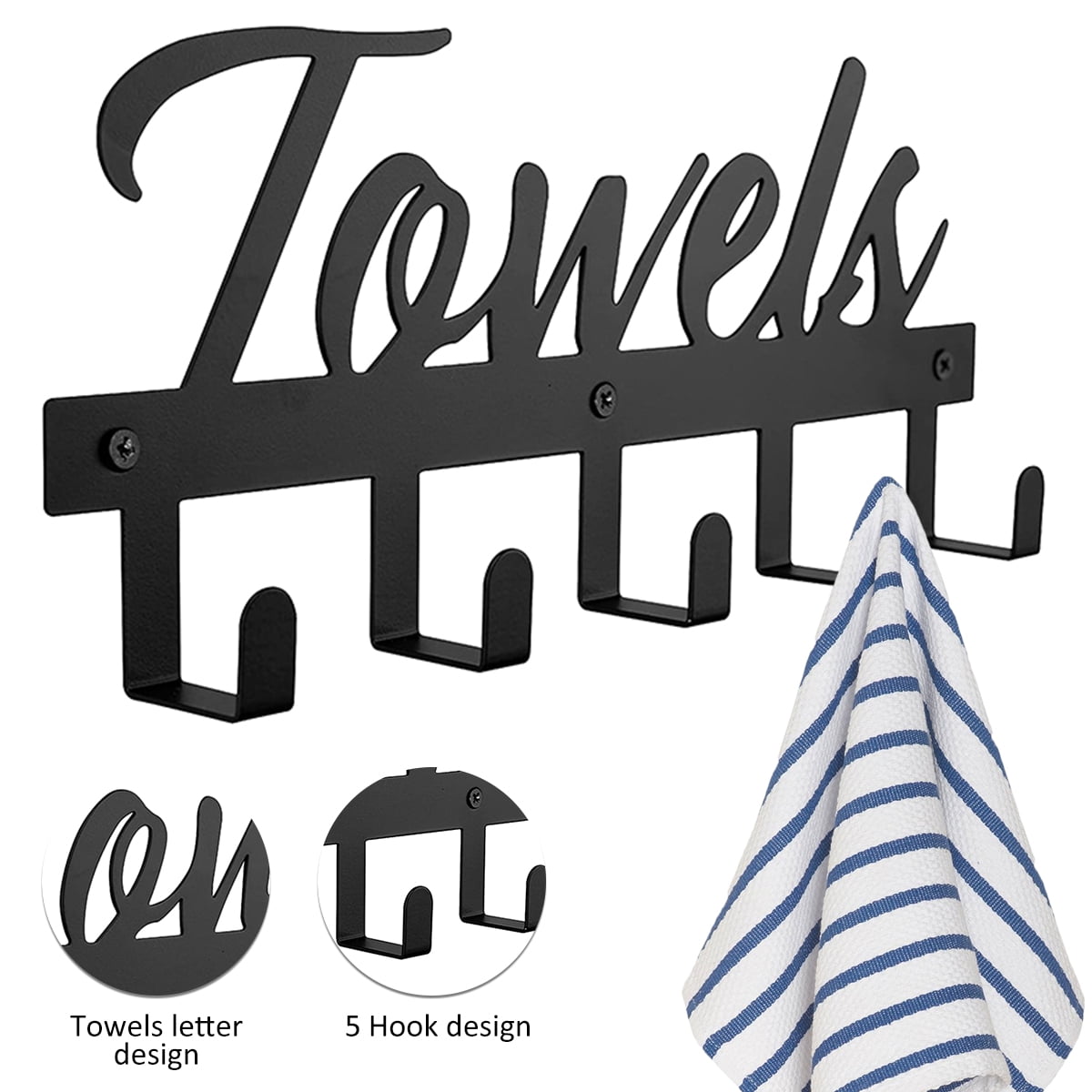 Wall-Mounted Towel Rack with 5 Hooks, Black Metal, Farmhouse Lettering - Image 6