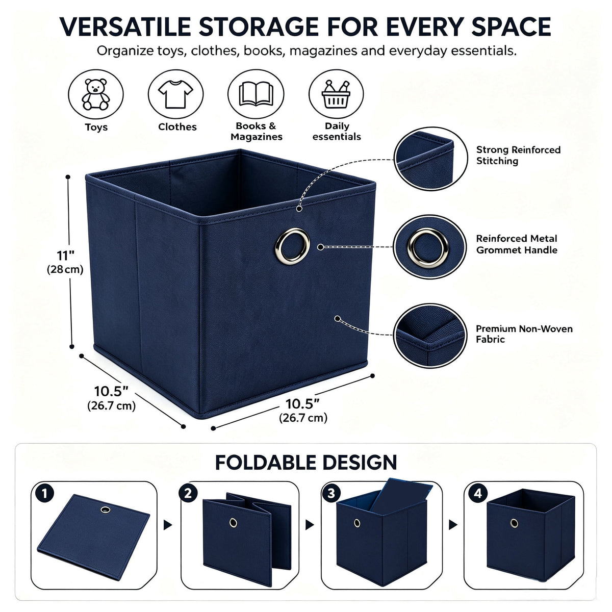 Collapsible Fabric Storage Cubes with Grommet Handles, 10.5 Inch, Navy Blue, 2 Pack - Image 3