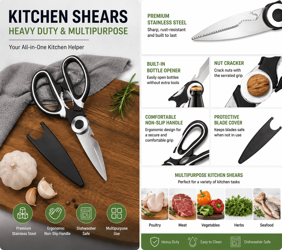 Heavy-Duty Kitchen Shears with Blade Cover, Stainless Steel, Bottle Opener in Handle - Image 2