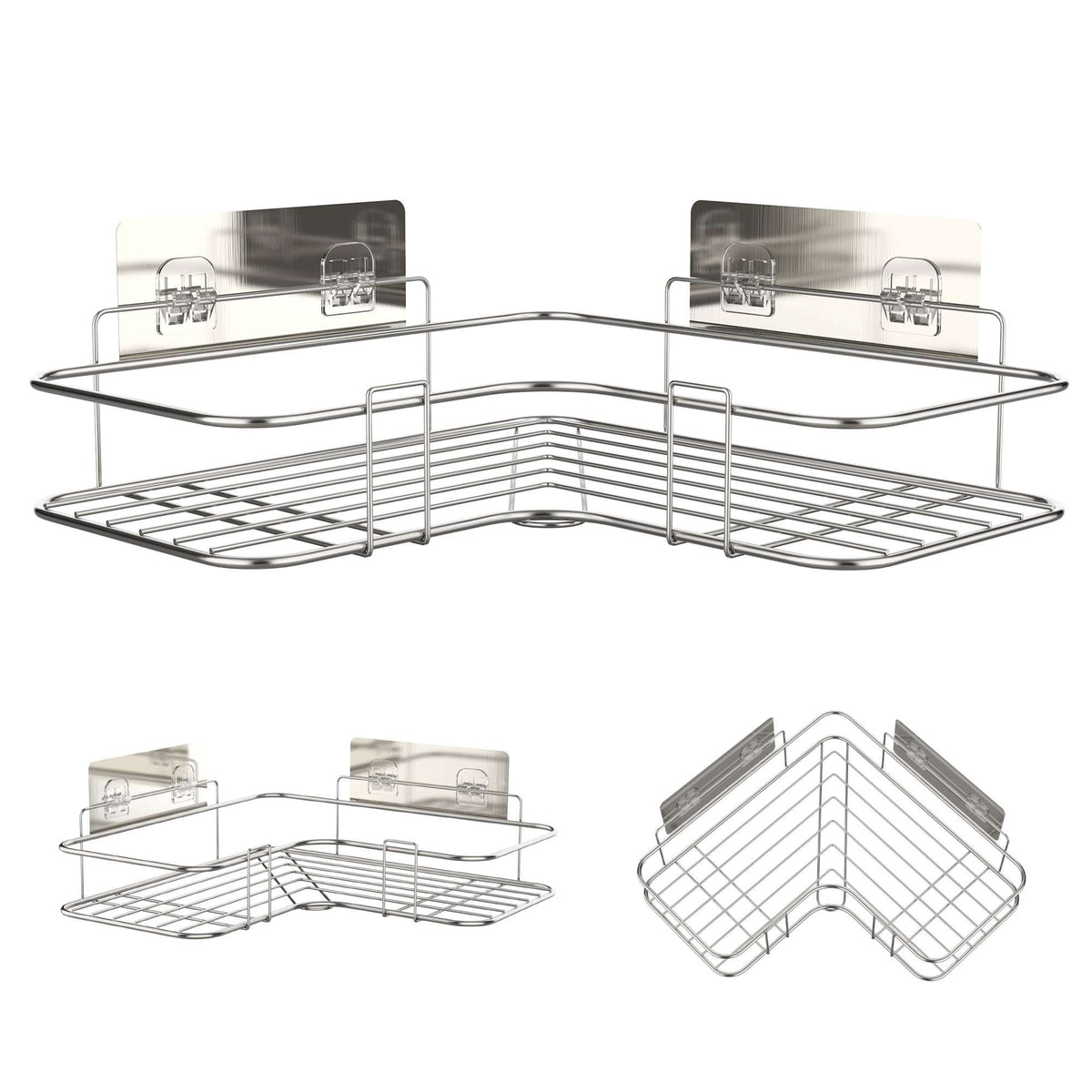 Adhesive Corner Shower Caddy, Stainless Steel Basket Shelf with Hooks, No Drilling