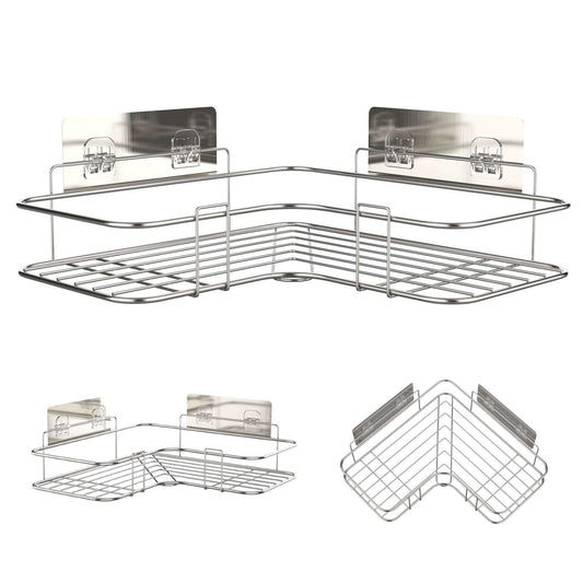 Adhesive Corner Shower Caddy, Stainless Steel Basket Shelf with Hooks, No Drilling
