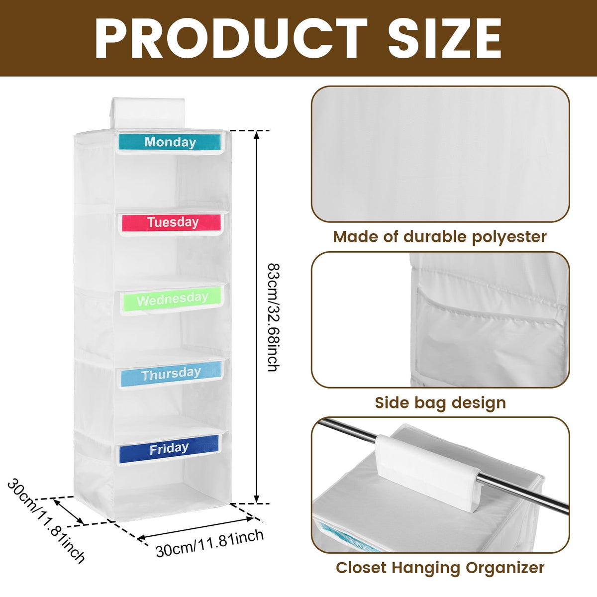 Hanging Weekly Clothes Organizer for Kids, 5 Shelves and 6 Side Pockets, White - Image 2