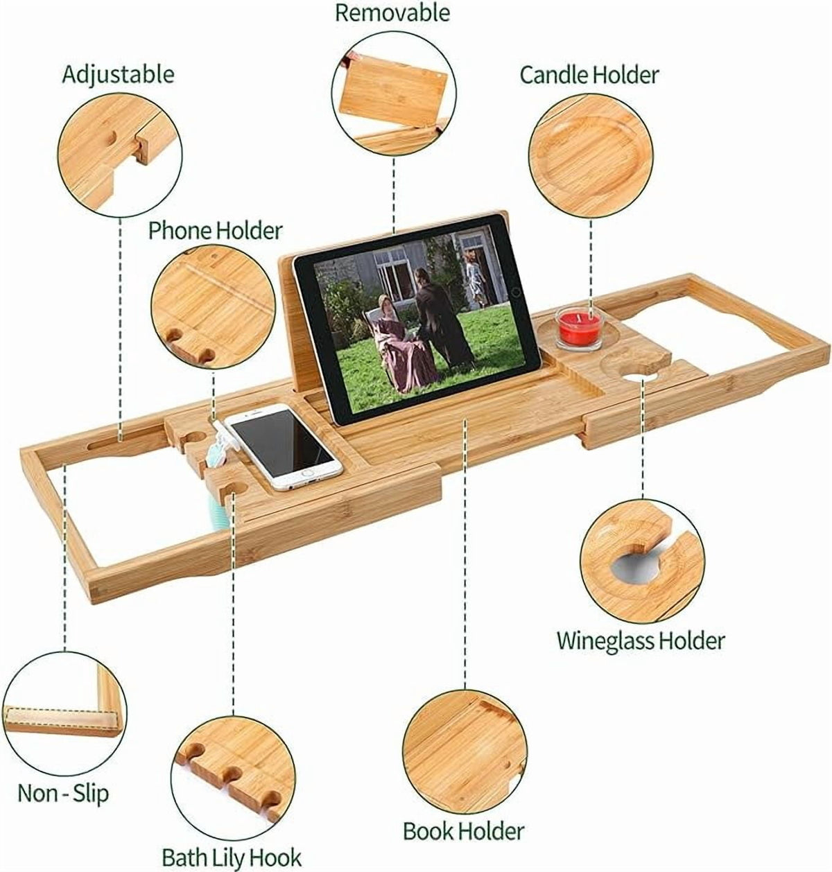 Bamboo Bathtub Caddy Tray, Extends 24.5 to 37.4 Inches, with Book and Glass Holders - Image 4