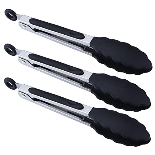 Mini Silicone-Tipped Kitchen Tongs, 7 Inch, Set of 3, Black