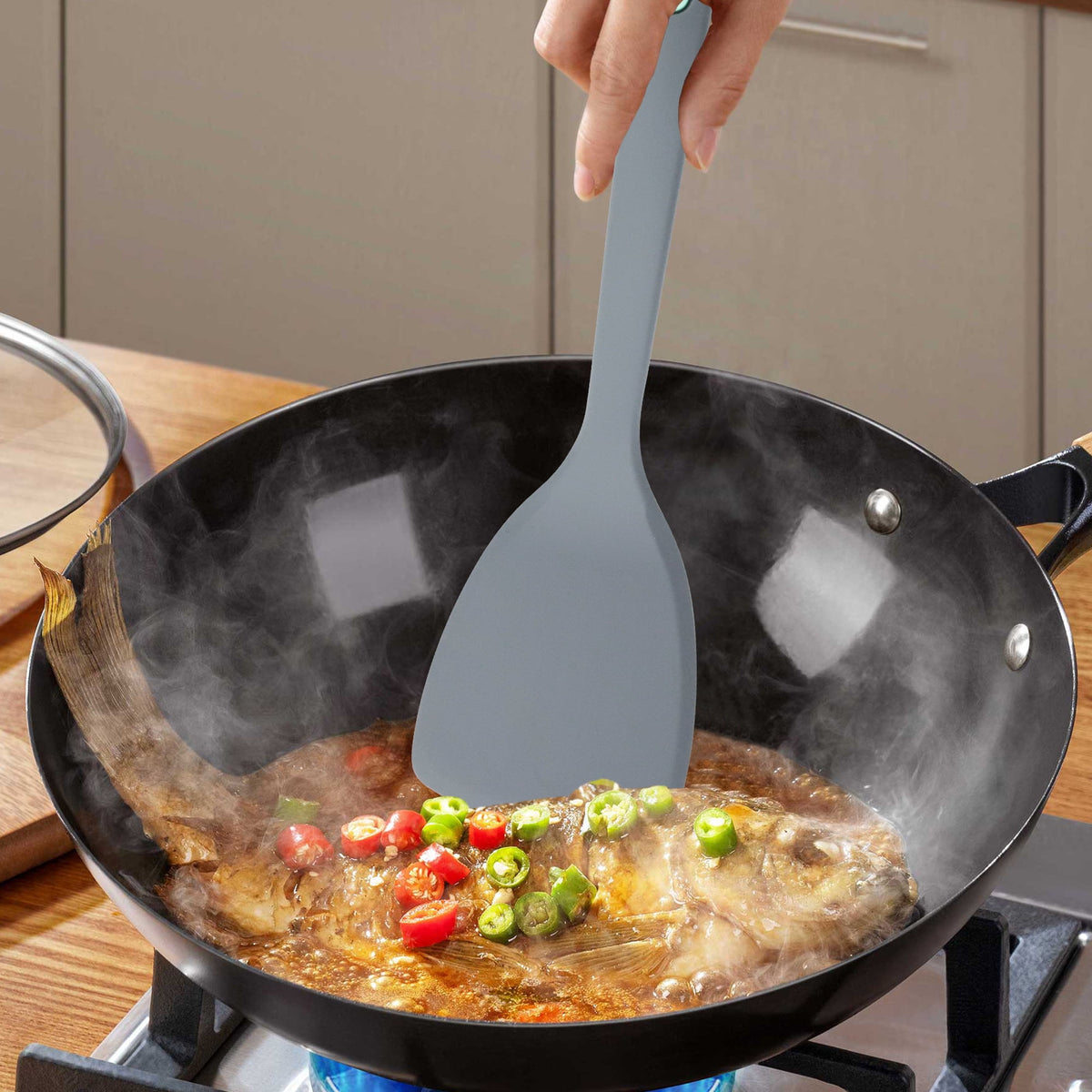 Silicone Spatula and Turner Set, 5 Pieces, Stainless Steel Core, Light Grey - Image 3