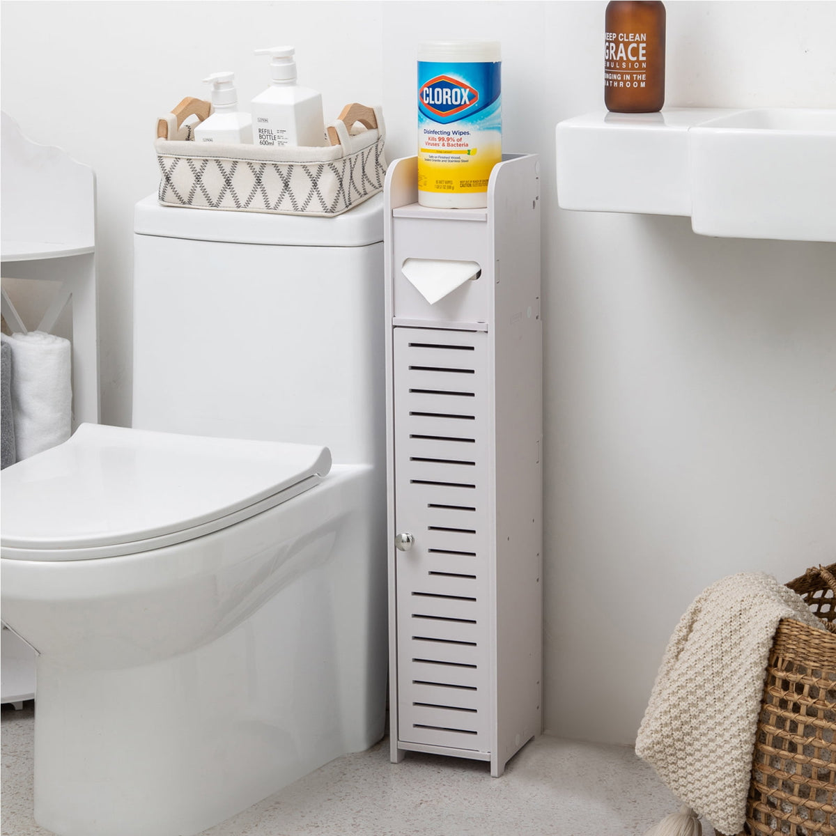 Slim Toilet Paper Storage Cabinet for Small Bathrooms, Waterproof, White - Image 2