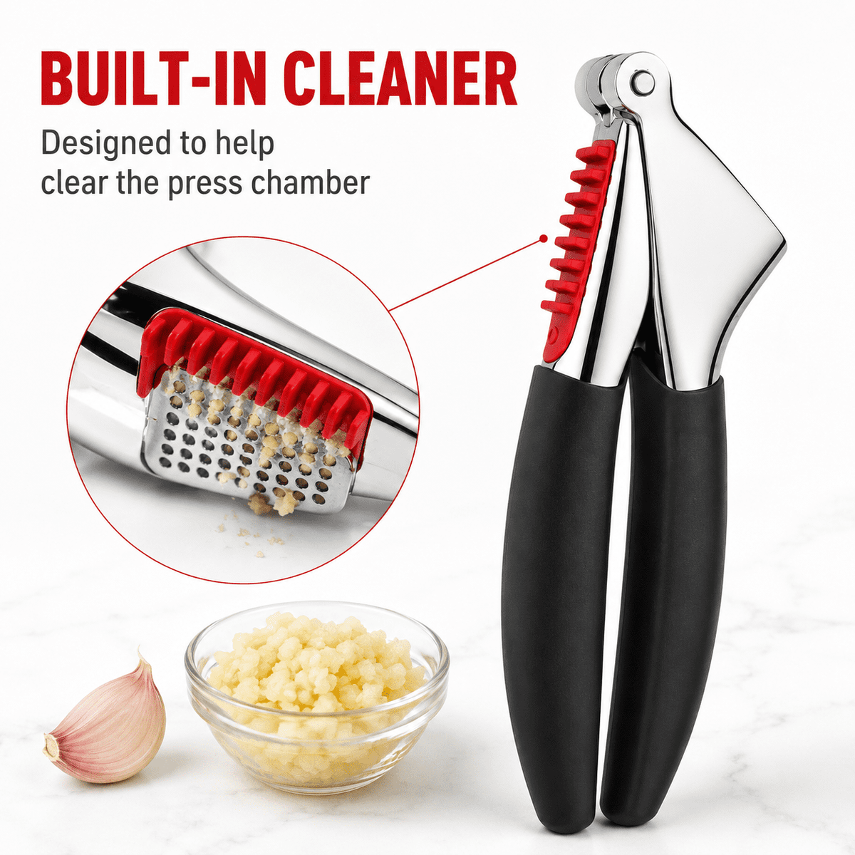 Heavy-Duty Garlic Press, Die-Cast Zinc with Large Chamber and Soft Grips, Black - Image 5