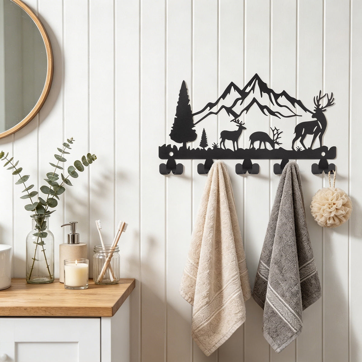 Wall-Mounted Metal Key Holder with 10 Hooks, Deer and Forest Design, Black - Image 4