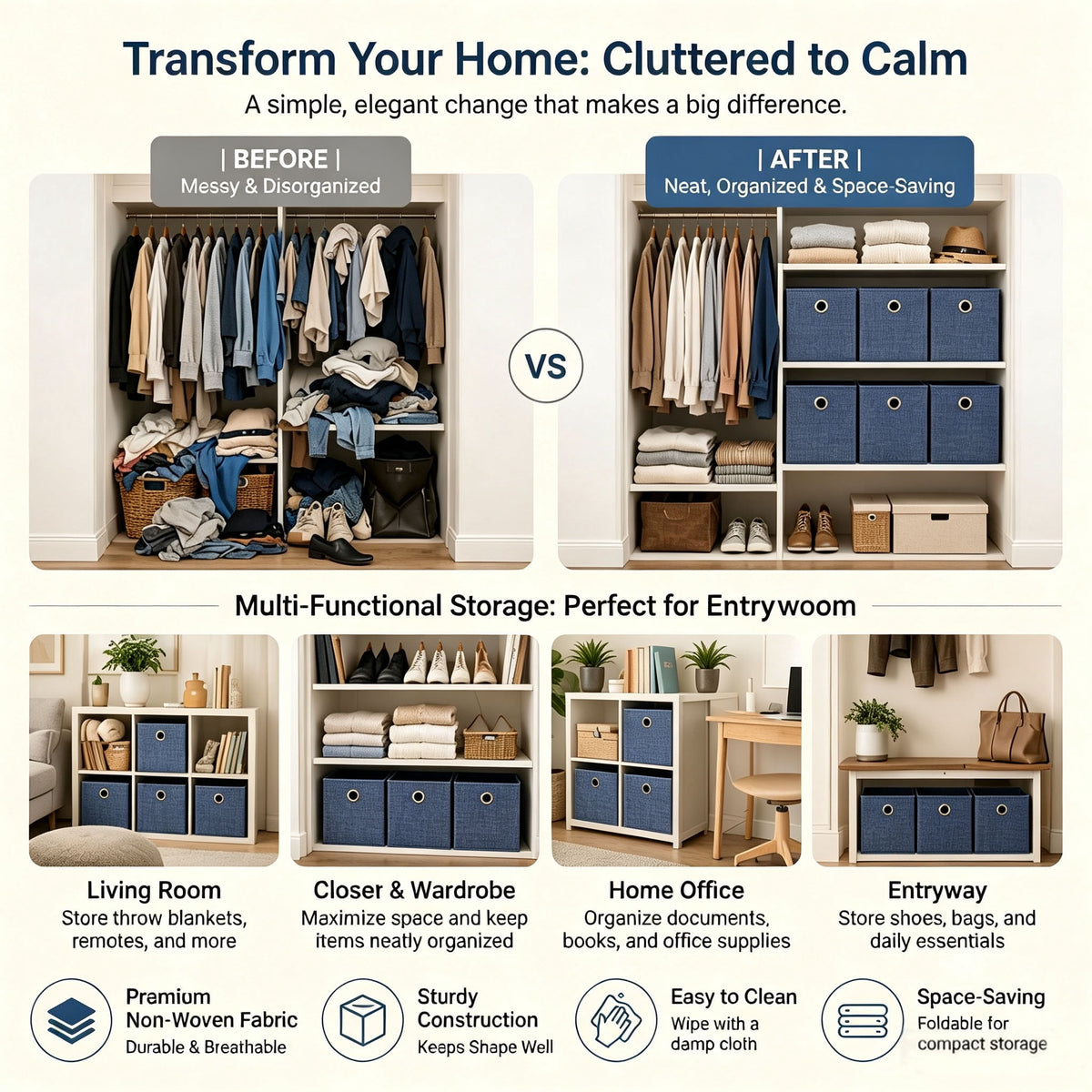 Collapsible Fabric Storage Cubes with Grommet Handles, 10.5 Inch, Navy Blue, 2 Pack - Image 2