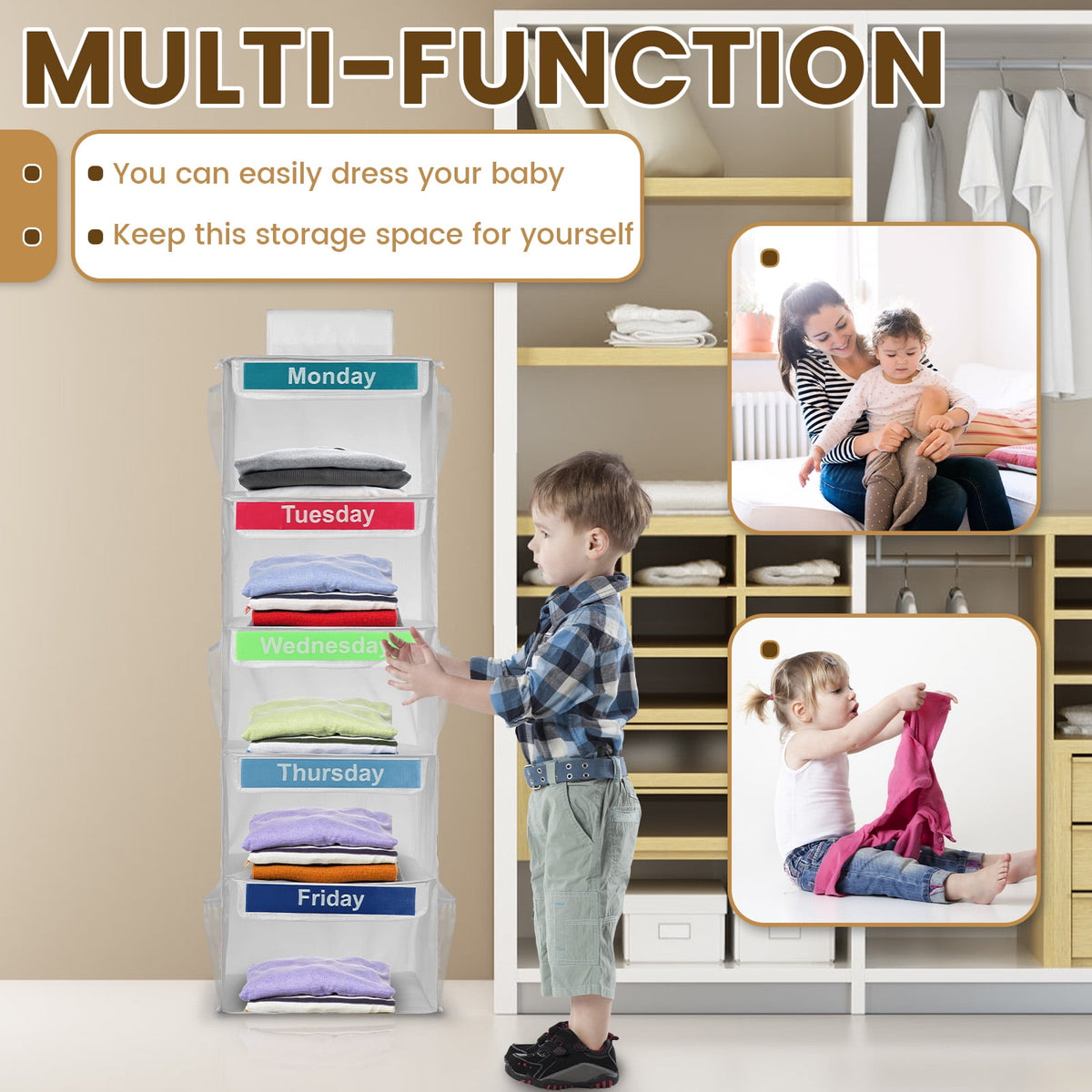Hanging Weekly Clothes Organizer for Kids, 5 Shelves and 6 Side Pockets, White - Image 6