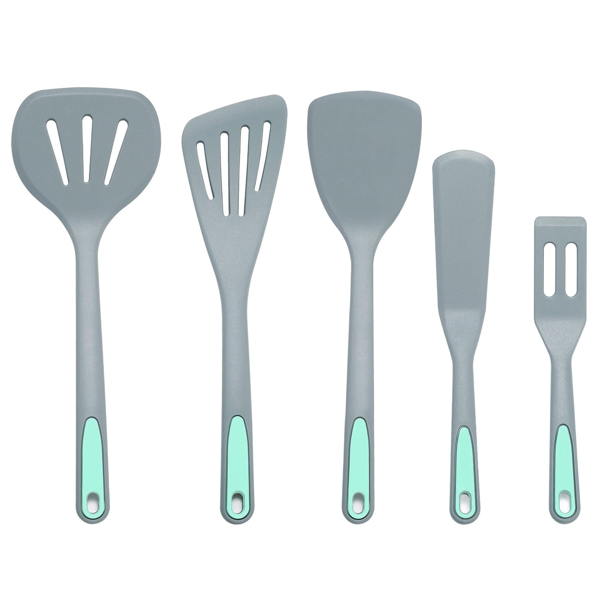 Silicone Spatula and Turner Set, 5 Pieces, Stainless Steel Core, Light Grey
