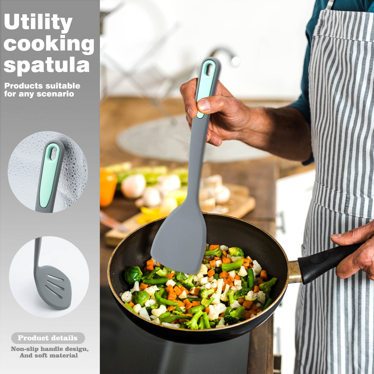 Silicone Spatula and Turner Set, 5 Pieces, Stainless Steel Core, Light Grey - Image 2