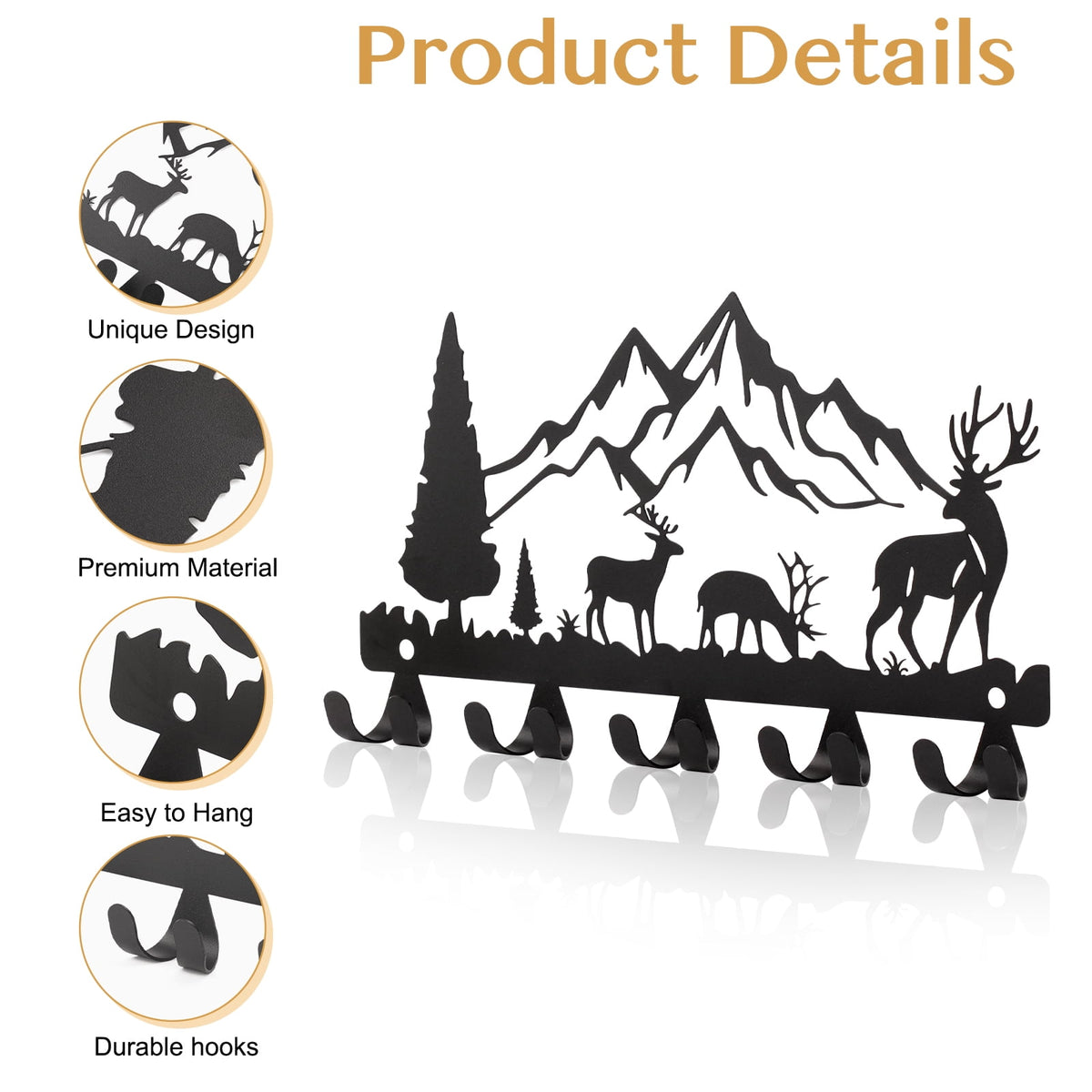 Wall-Mounted Metal Key Holder with 10 Hooks, Deer and Forest Design, Black - Image 3