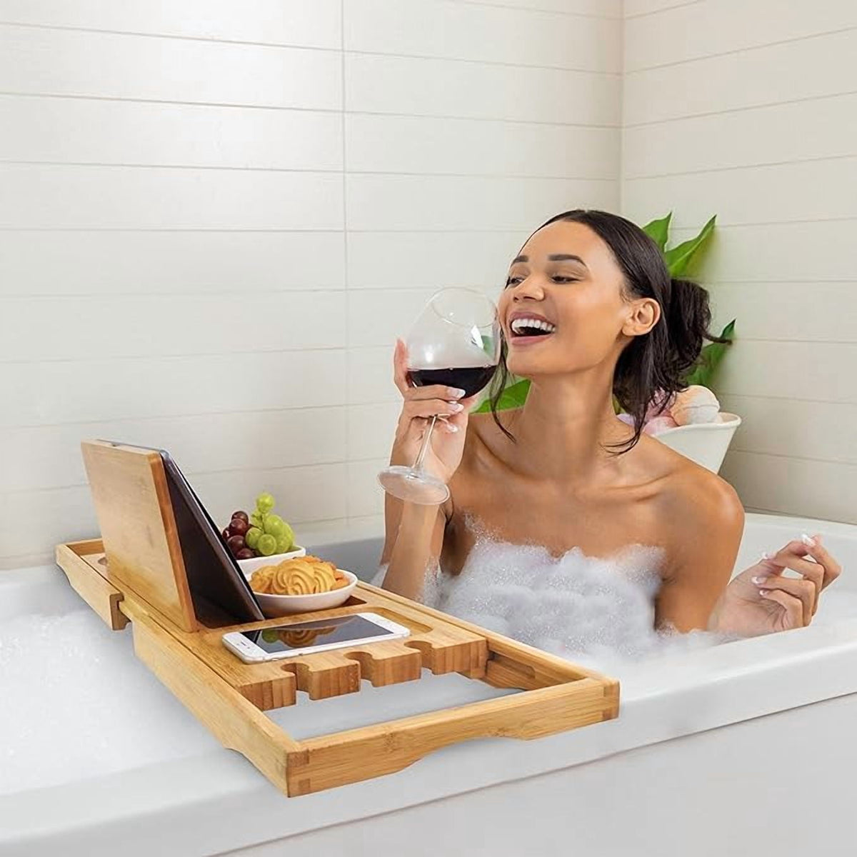 Bamboo Bathtub Caddy Tray, Extends 24.5 to 37.4 Inches, with Book and Glass Holders - Image 2