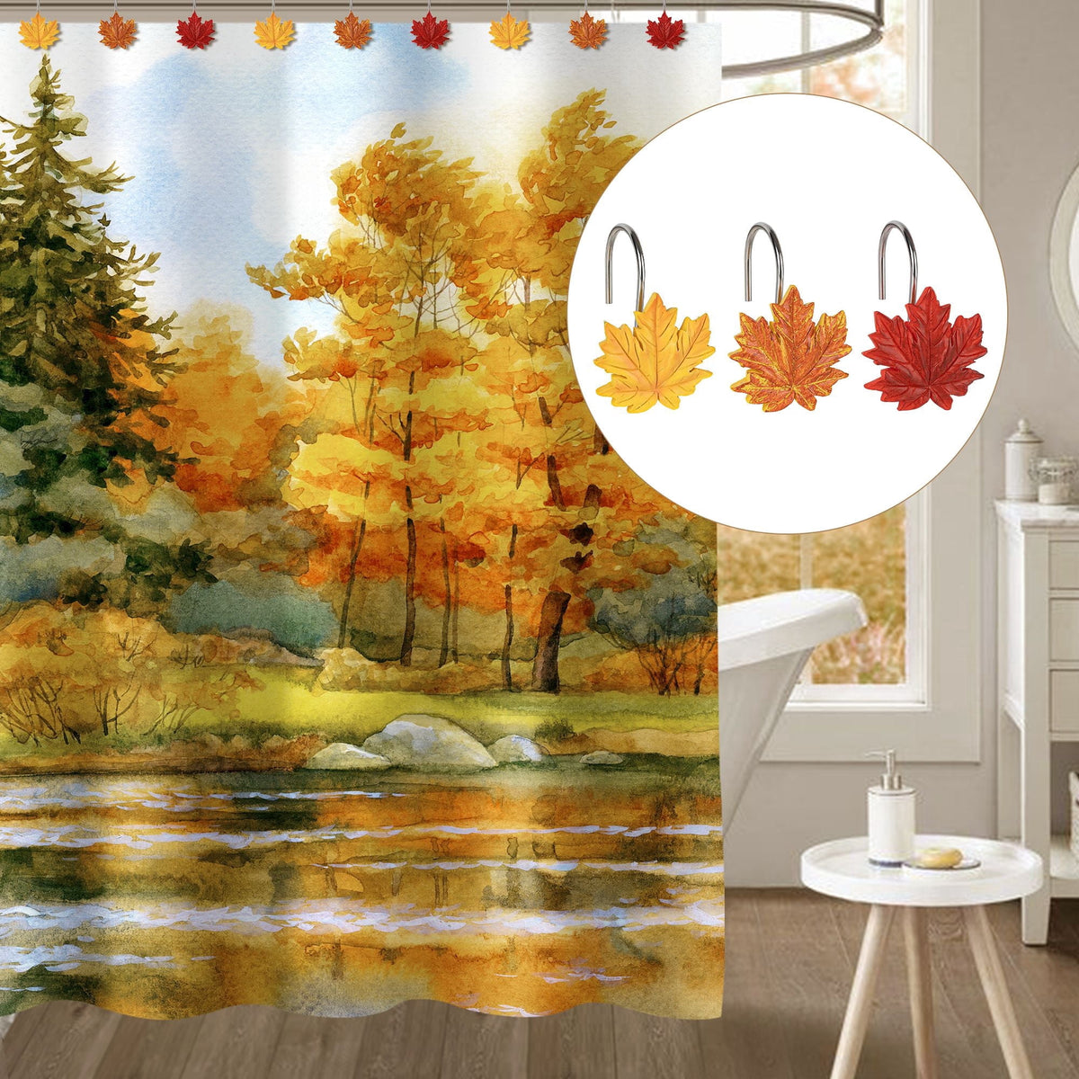 Decorative Autumn Shower Curtain Hooks, Set of 12 Resin Rings, Orange Red - Image 4