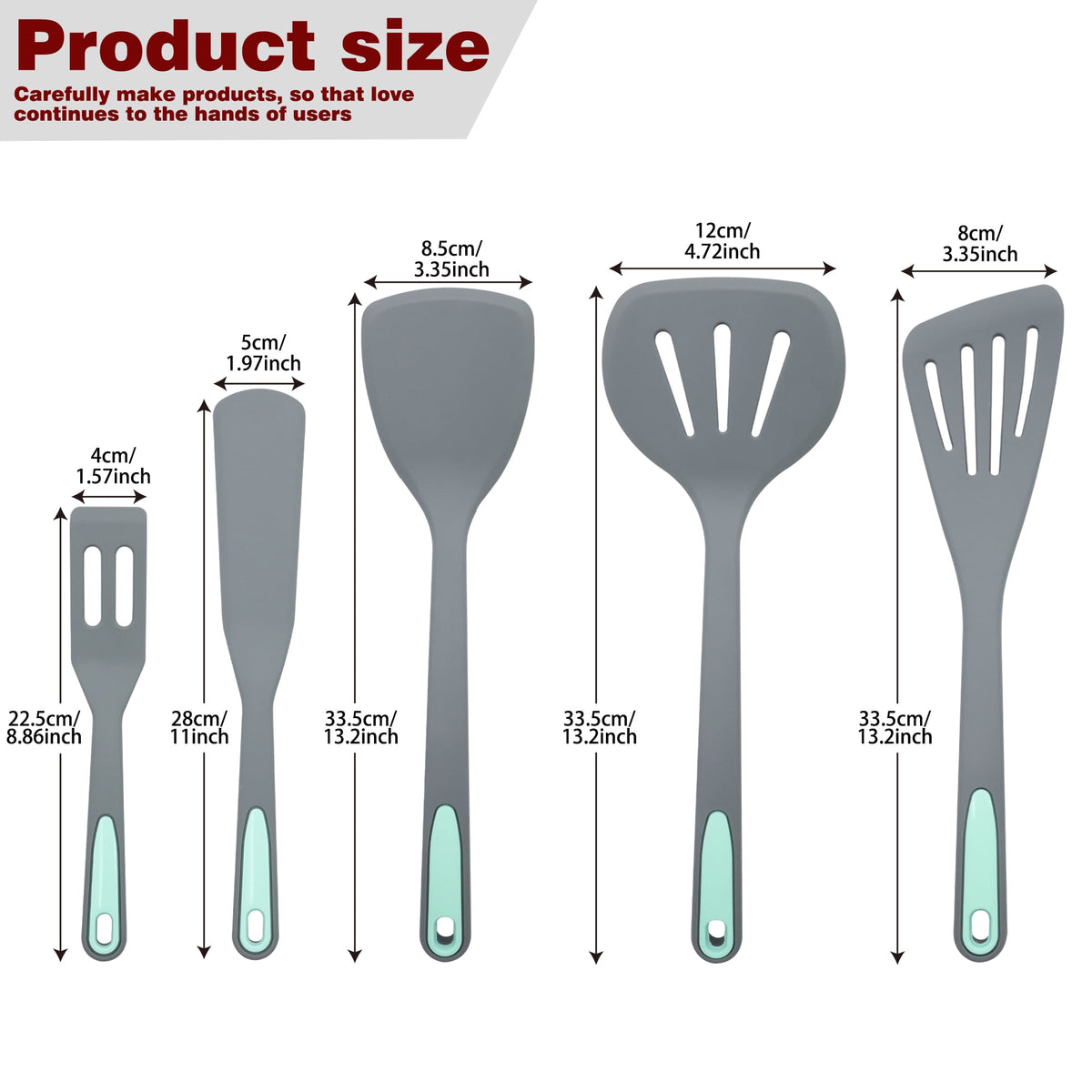 Silicone Spatula and Turner Set, 5 Pieces, Stainless Steel Core, Light Grey - Image 6