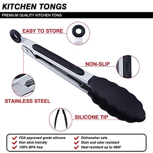 Mini Silicone-Tipped Kitchen Tongs, 7 Inch, Set of 3, Black - Image 4