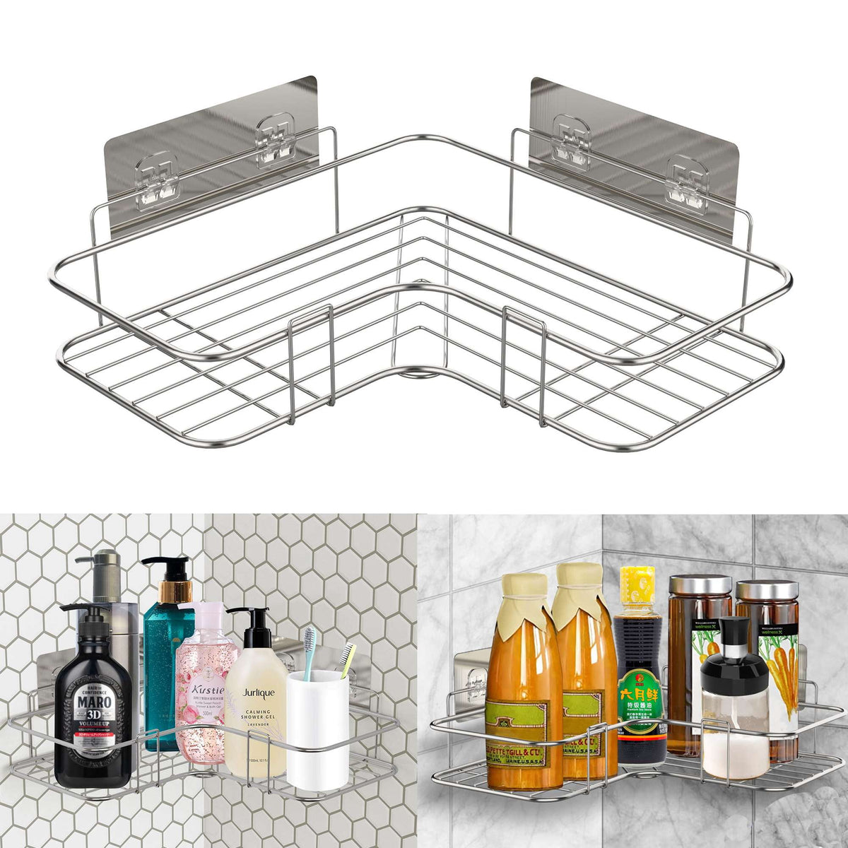 Adhesive Corner Shower Caddy, Stainless Steel Basket Shelf with Hooks, No Drilling - Image 2