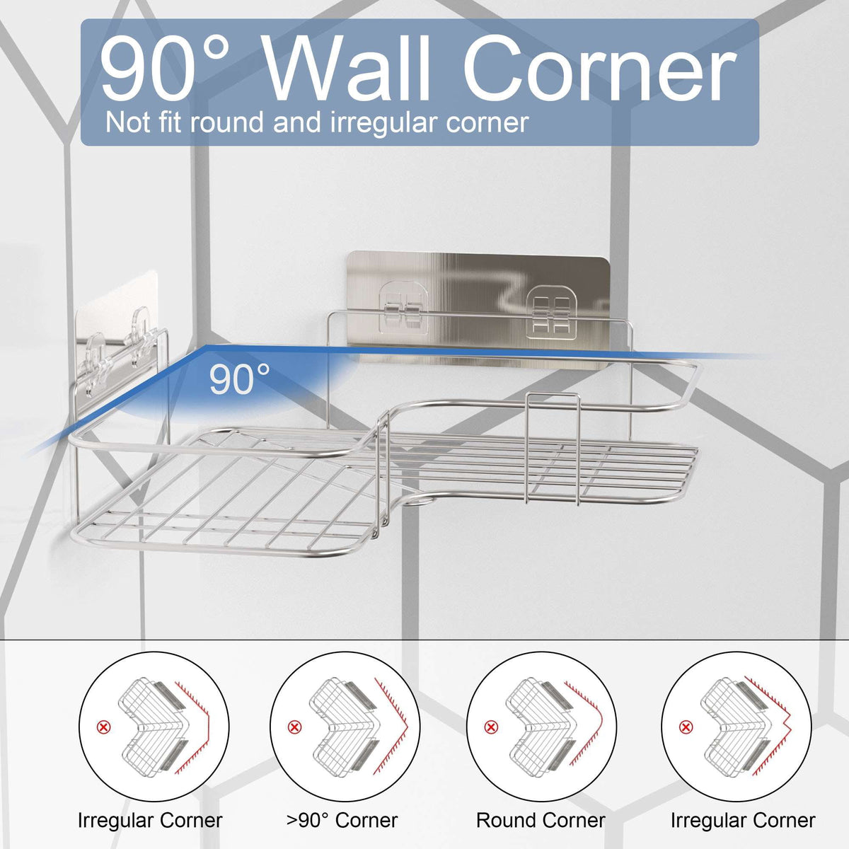 Adhesive Corner Shower Caddy, Stainless Steel Basket Shelf with Hooks, No Drilling - Image 4