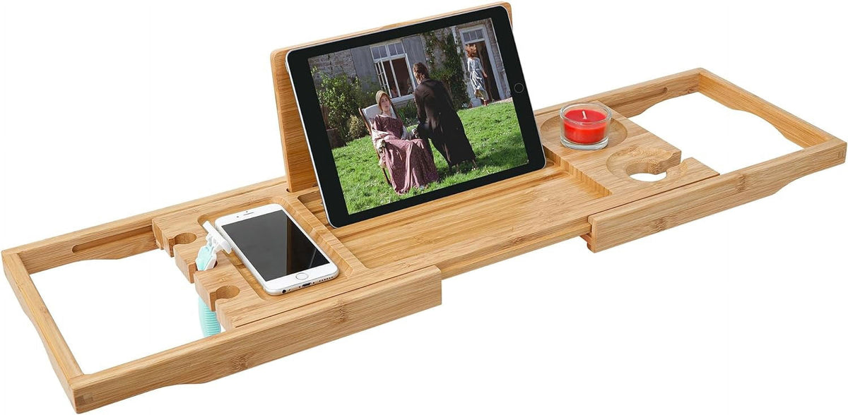 Bamboo Bathtub Caddy Tray, Extends 24.5 to 37.4 Inches, with Book and Glass Holders - Image 6