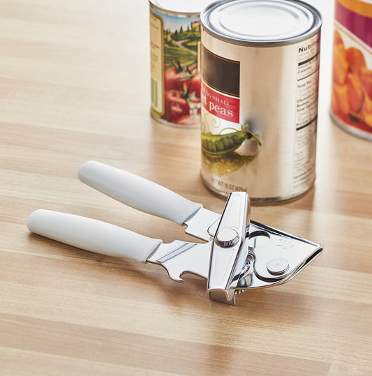 Manual Can Opener with Cushioned Grips, Chrome-Plated Steel, White - Image 2