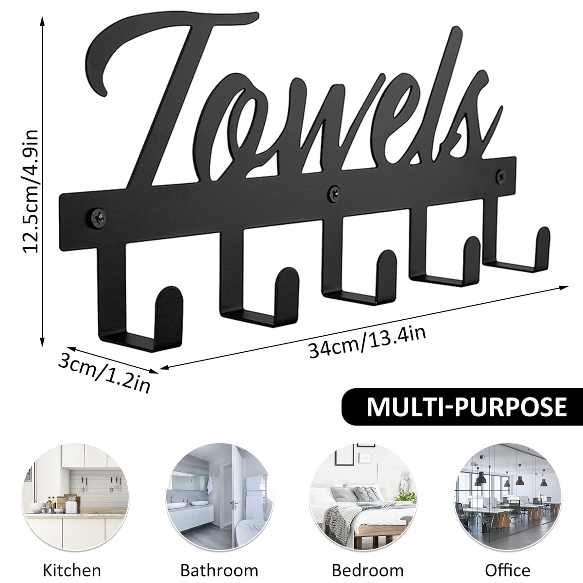 Wall-Mounted Towel Rack with 5 Hooks, Black Metal, Farmhouse Lettering - Image 5