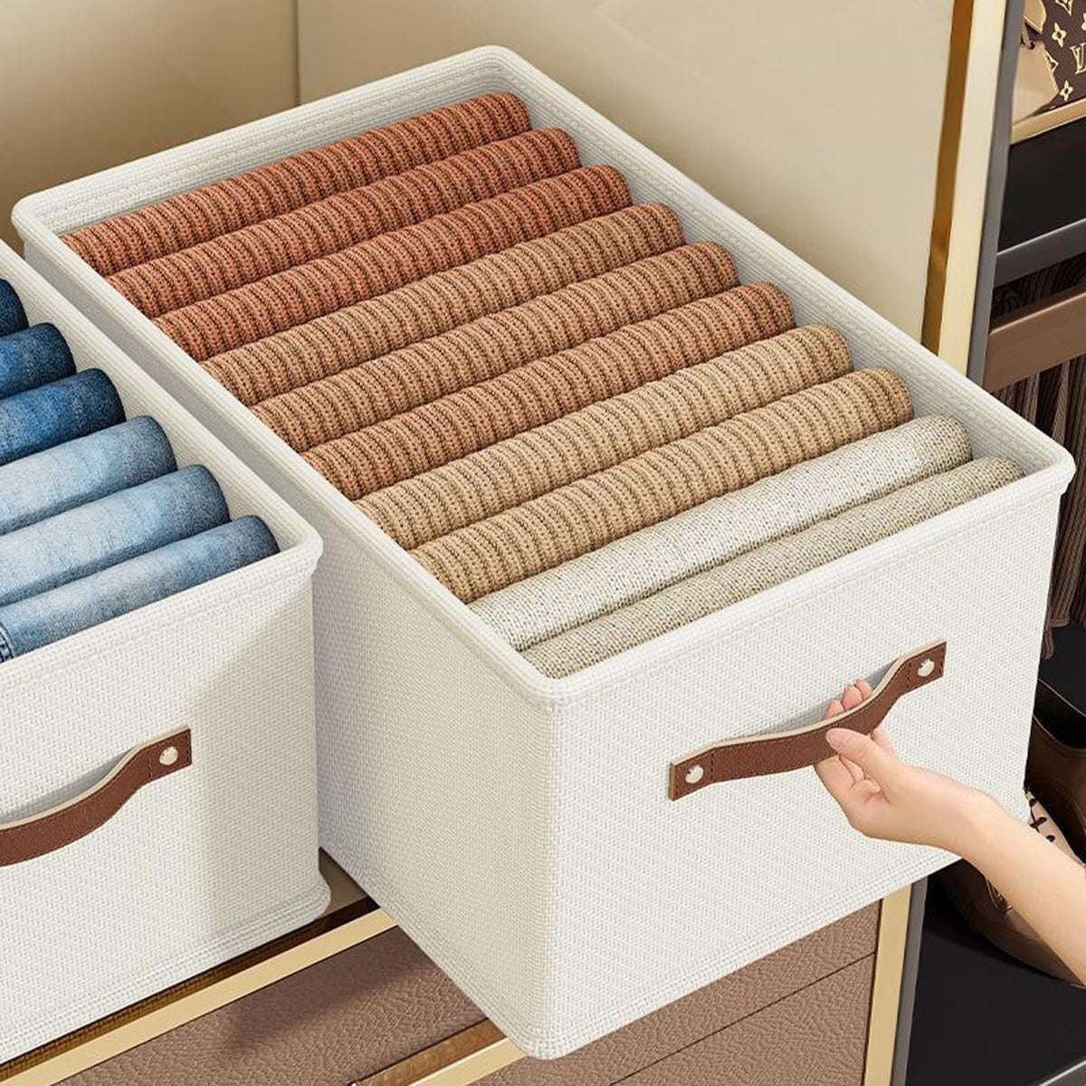 Foldable Fabric Storage Bin with Reinforced Board, Open Top, Washable, White - Image 2