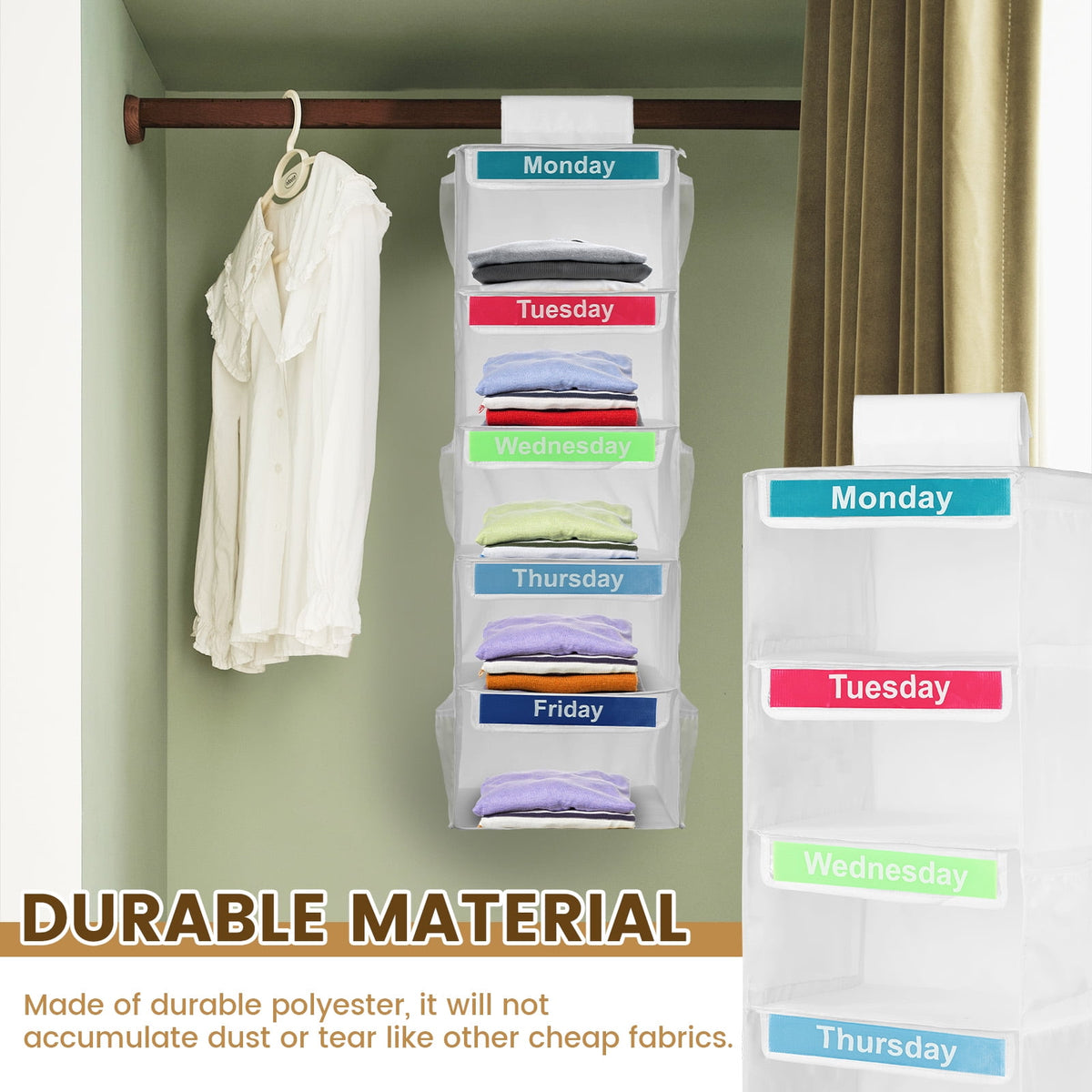Hanging Weekly Clothes Organizer for Kids, 5 Shelves and 6 Side Pockets, White - Image 4