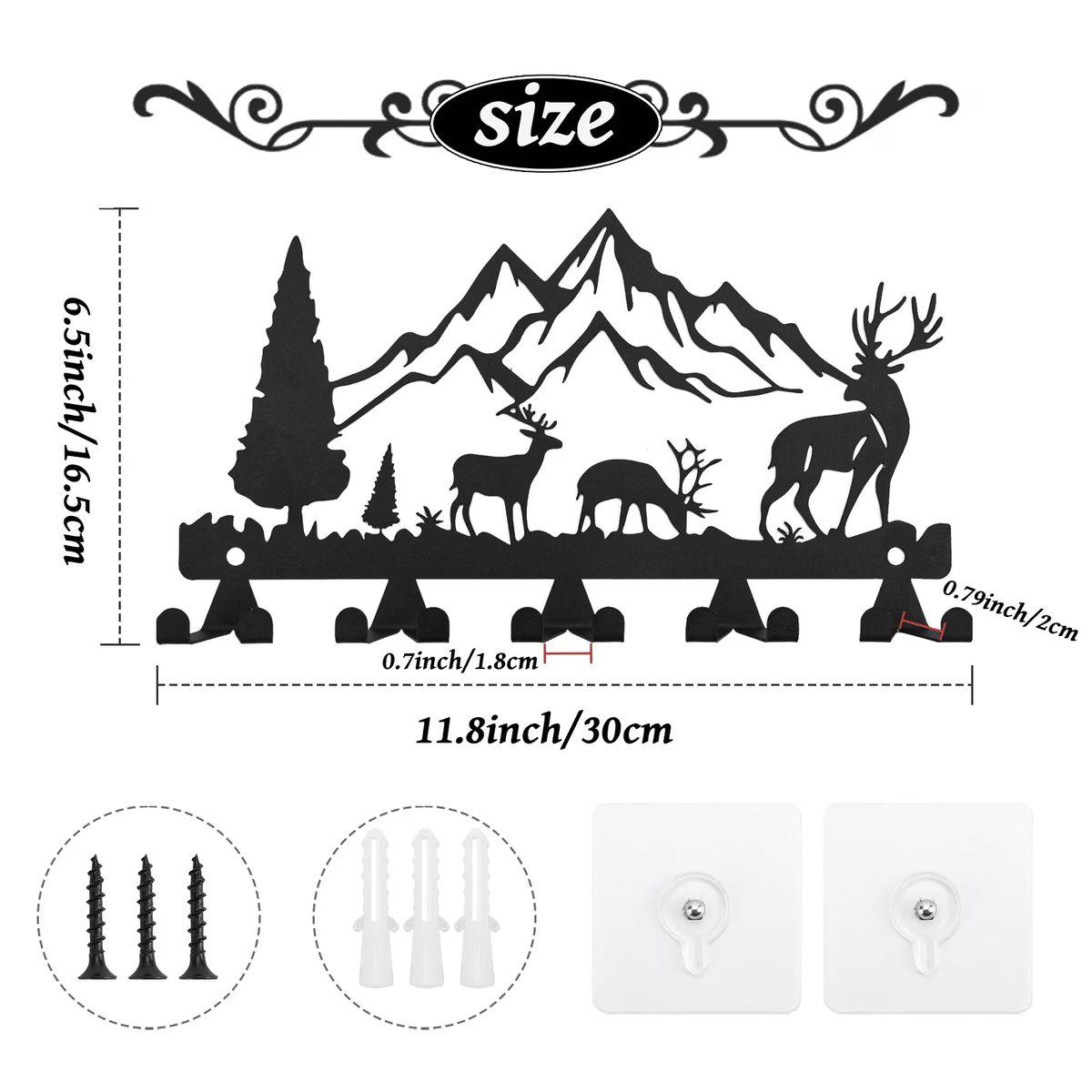 Wall-Mounted Metal Key Holder with 10 Hooks, Deer and Forest Design, Black - Image 2
