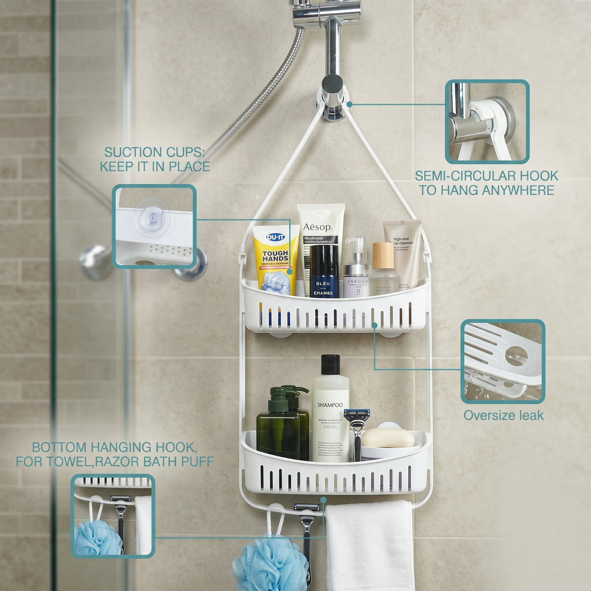 Two-Tier Hanging Shower Caddy with Deep Basket, Razor Holder and Hooks - Image 3