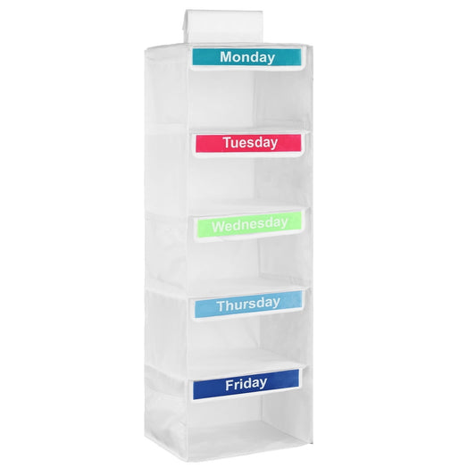 Hanging Weekly Clothes Organizer for Kids, 5 Shelves and 6 Side Pockets, White