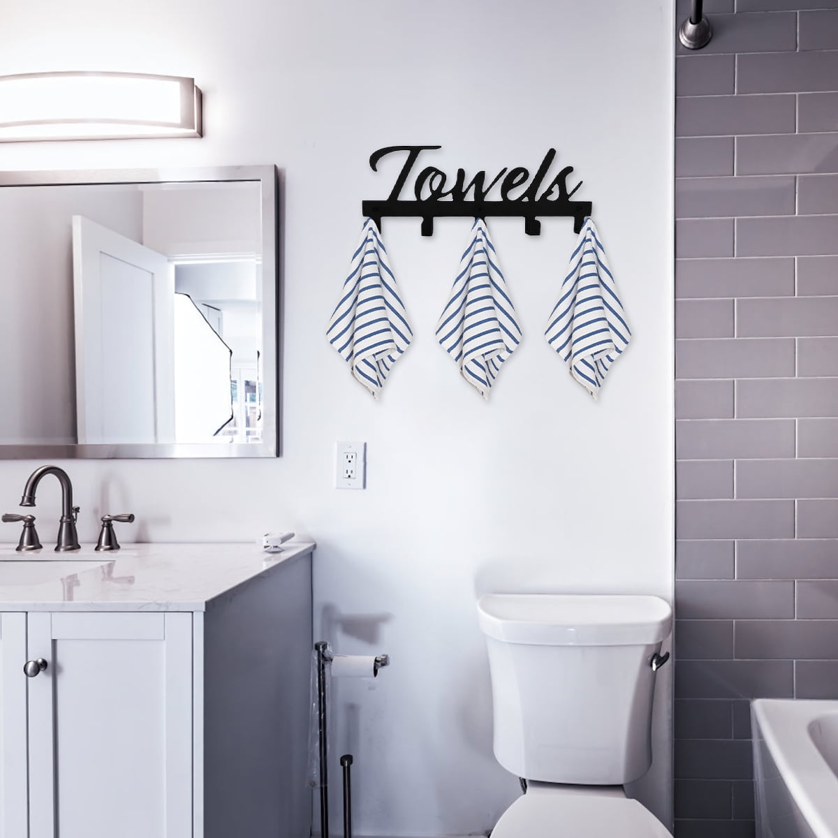 Wall-Mounted Towel Rack with 5 Hooks, Black Metal, Farmhouse Lettering - Image 3