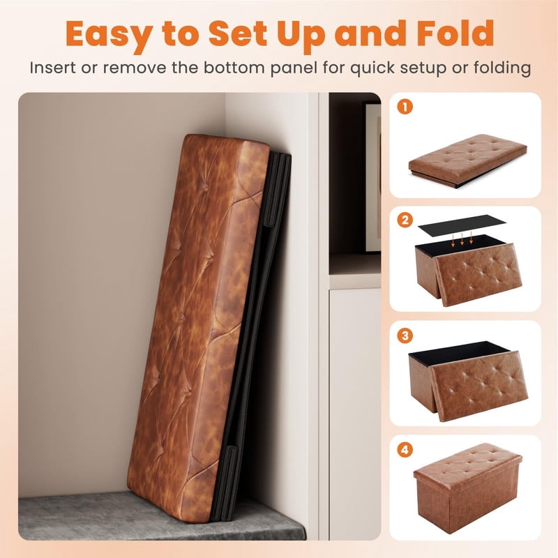 Foldable Storage Ottoman Bench, 30 Inch, Faux Leather with Padded Seat, Brown - Image 5
