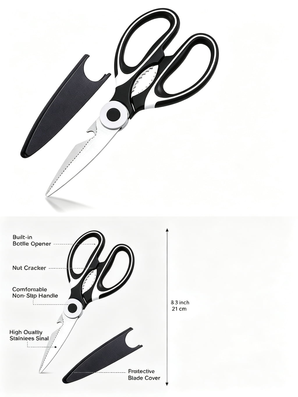 Heavy-Duty Kitchen Shears with Blade Cover, Stainless Steel, Bottle Opener in Handle - Image 3