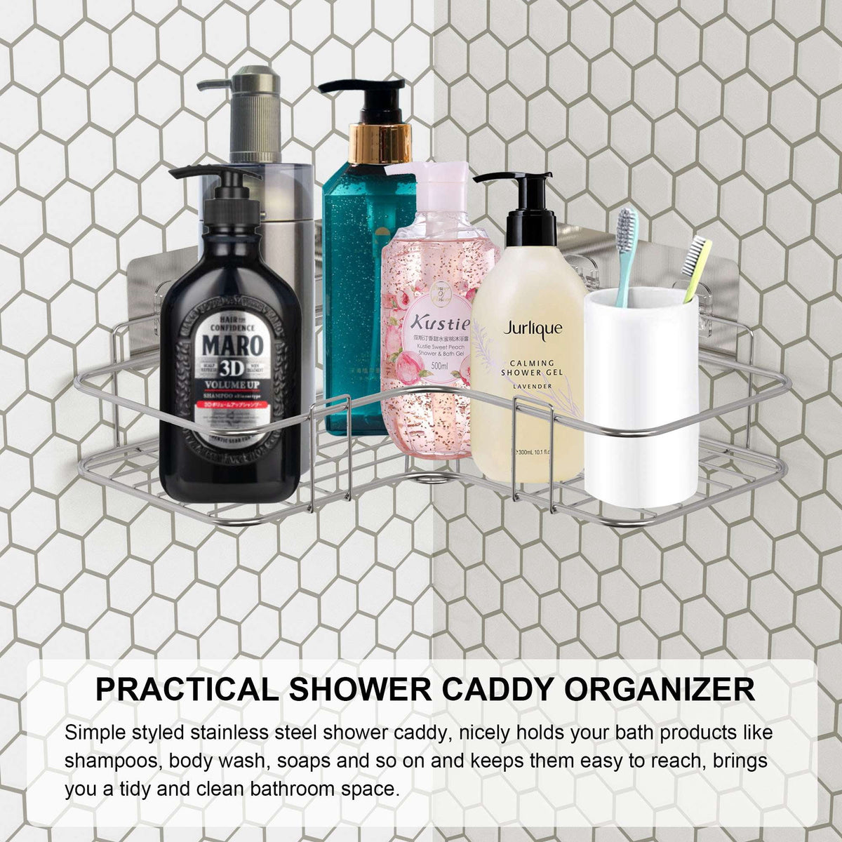 Adhesive Corner Shower Caddy, Stainless Steel Basket Shelf with Hooks, No Drilling - Image 5