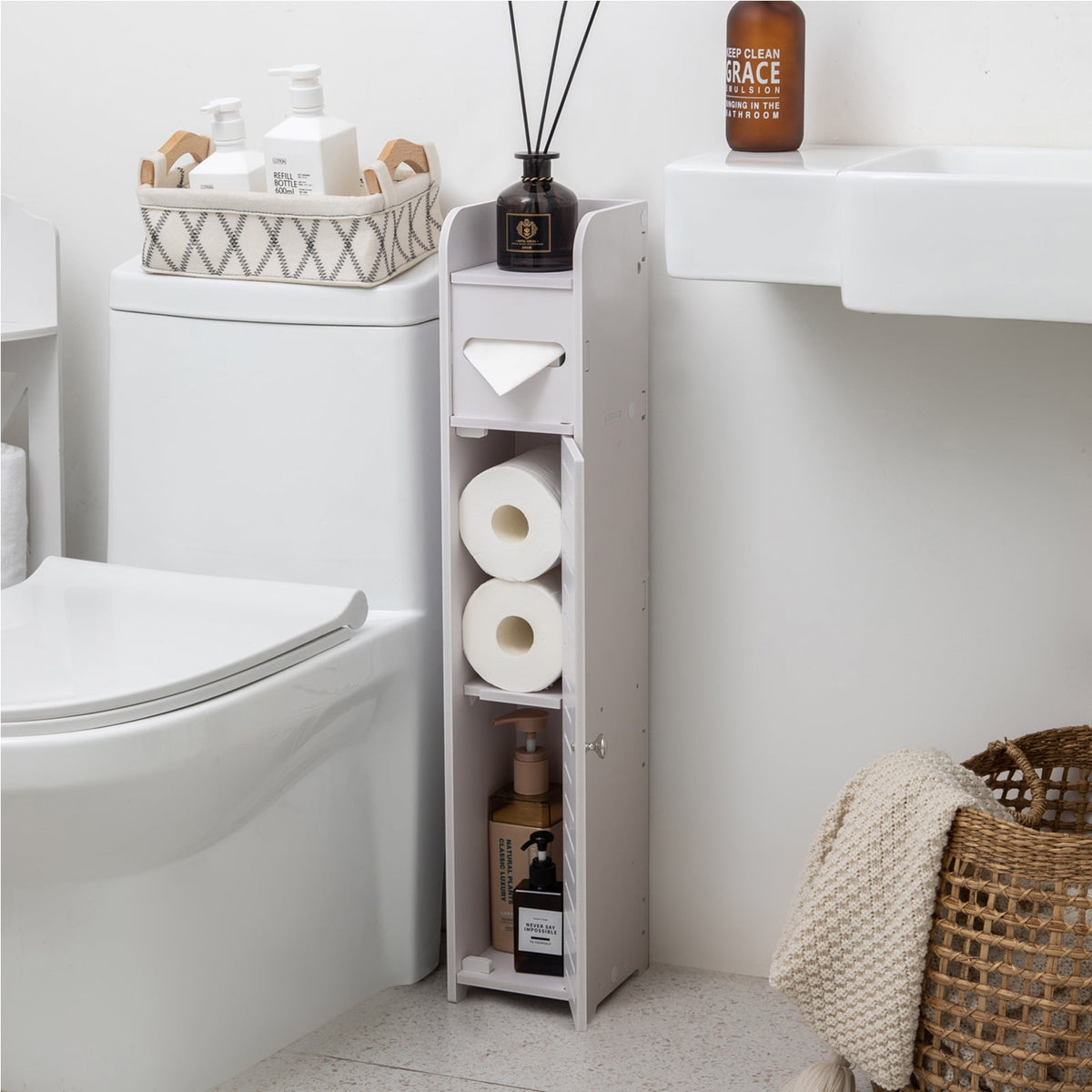 Slim Toilet Paper Storage Cabinet for Small Bathrooms, Waterproof, White - Image 3