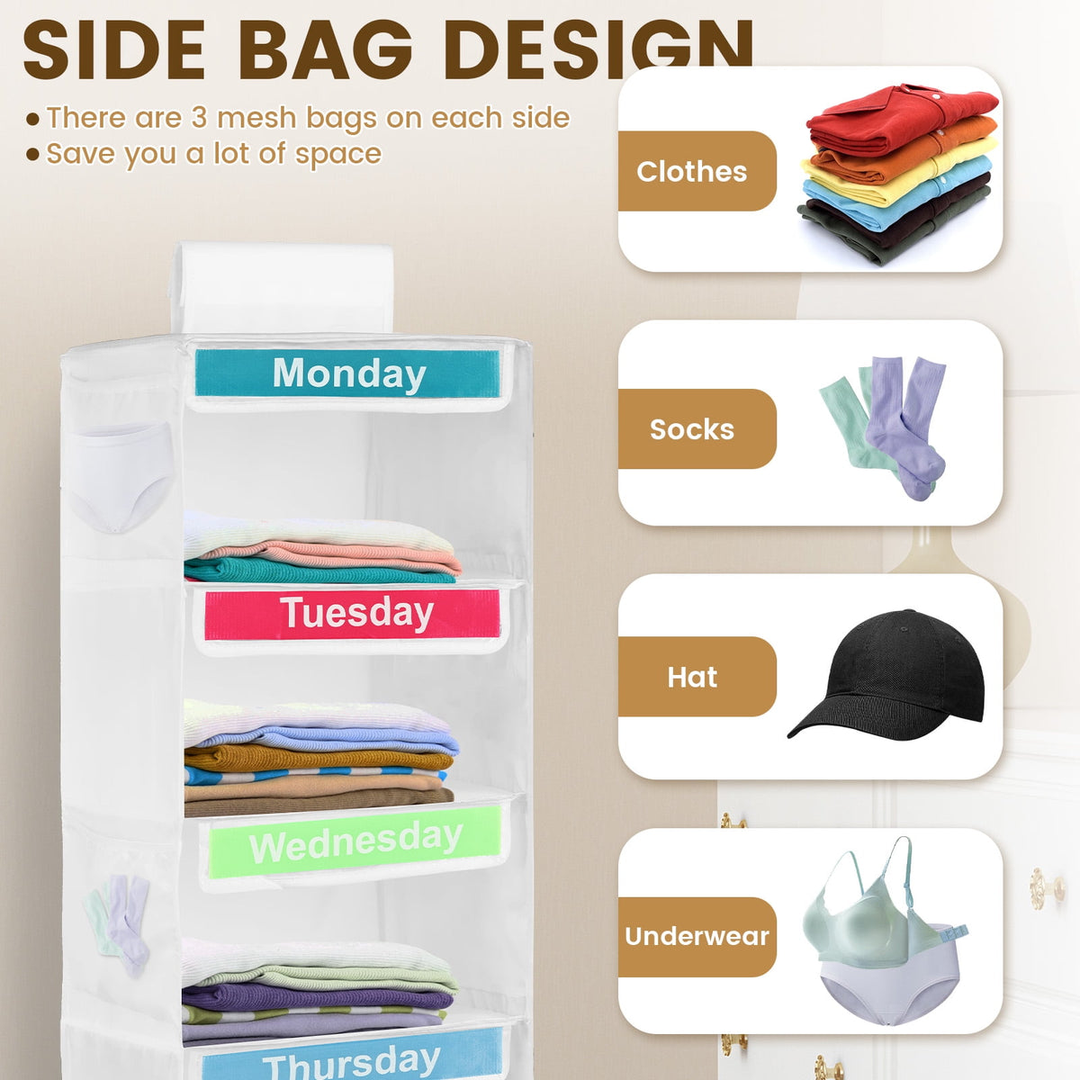 Hanging Weekly Clothes Organizer for Kids, 5 Shelves and 6 Side Pockets, White - Image 3
