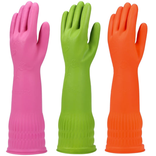Reusable Rubber Dishwashing Gloves, 3 Pairs, Waterproof with Textured Grip, Medium