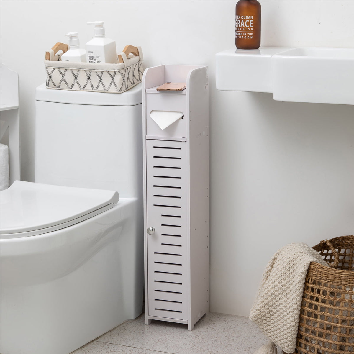 Slim Toilet Paper Storage Cabinet for Small Bathrooms, Waterproof, White - Image 5