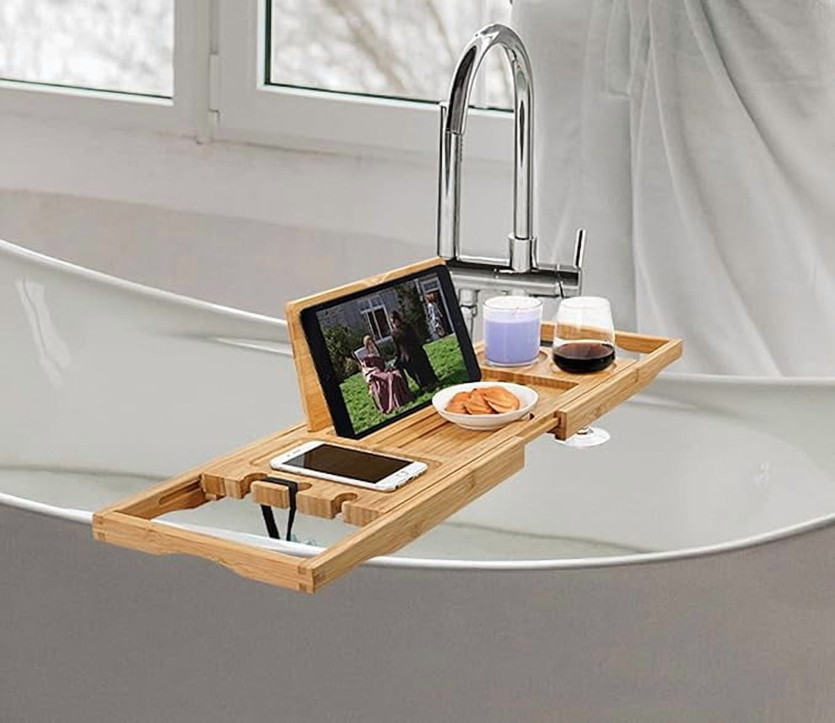 Bamboo Bathtub Caddy Tray, Extends 24.5 to 37.4 Inches, with Book and Glass Holders - Image 5