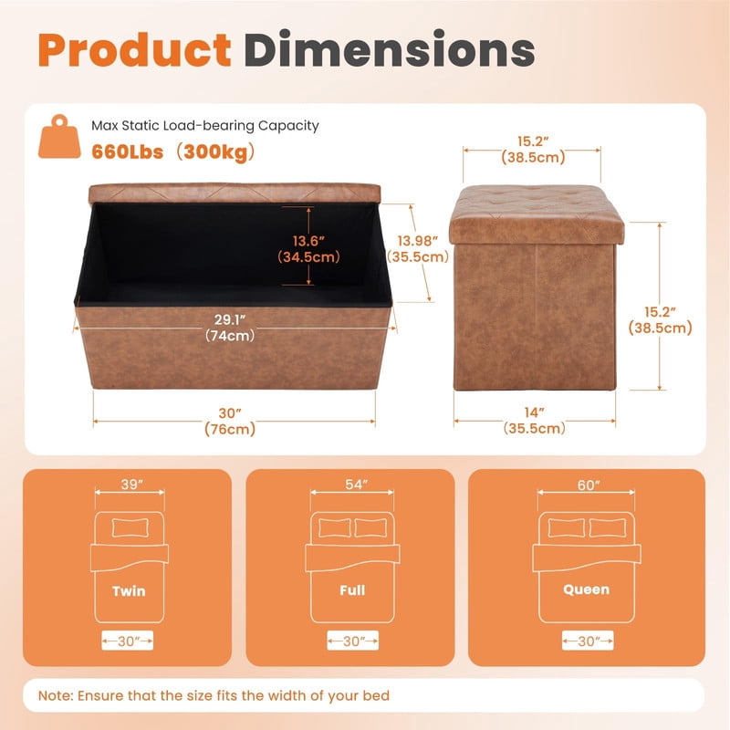 Foldable Storage Ottoman Bench, 30 Inch, Faux Leather with Padded Seat, Brown - Image 3