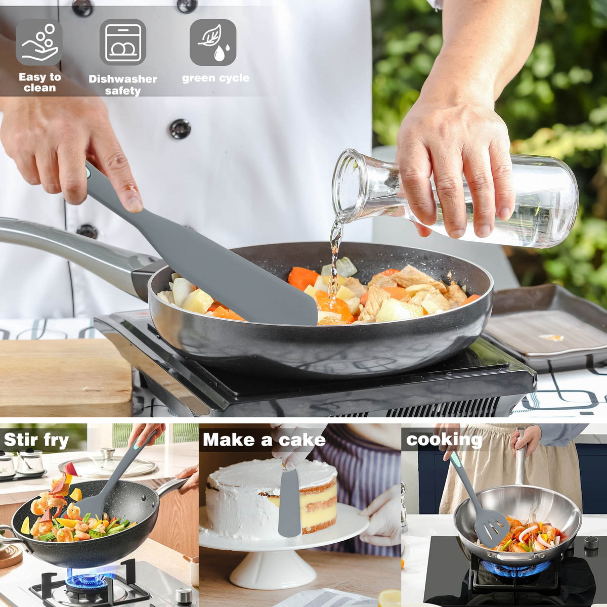 Silicone Spatula and Turner Set, 5 Pieces, Stainless Steel Core, Light Grey - Image 4
