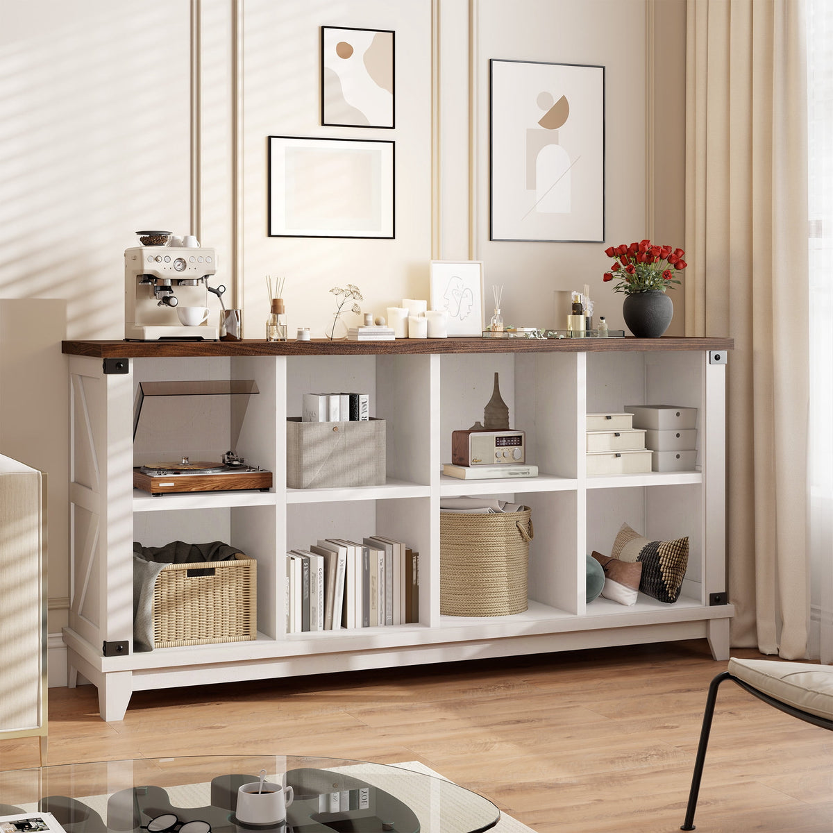 8-Cube Storage Organizer and Bookshelf, 49 Inch, Rustic Wood Grain, White - Image 2